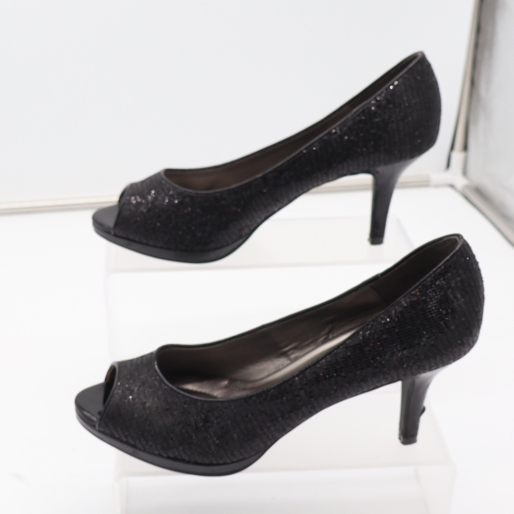 Kelly & Katie Pumps Womens 8.5 Peep Toe Black Shimmer Glitter Stiletto Good